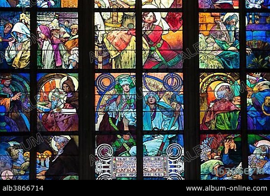 ALPHONSE MUCHA. Glass window, St. Vitus Cathedral, Prague Castle, Prague, Czech Republic, Europe.