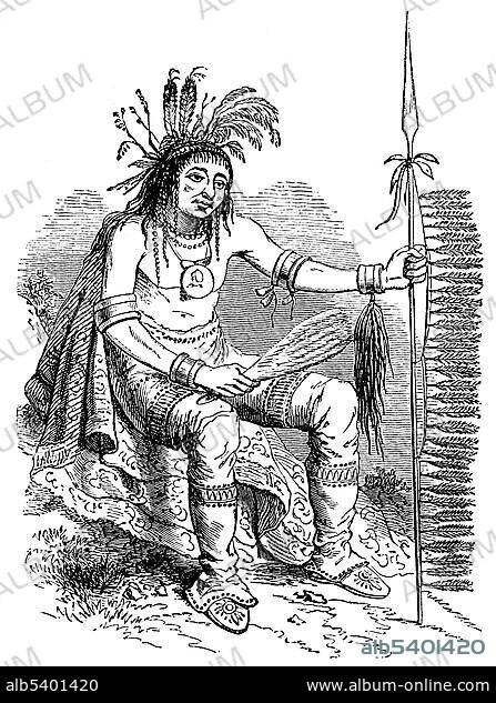Historical drawing from the U.S. history, Native American in the 17th century.