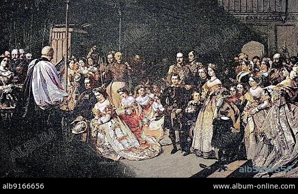 The Wedding of Prince William of Prussia to Princess Victoria of England in the Chapel of St. Jamess Palace in London on 25 January 1858, England, Historical, digital reproduction of an original 19th century artwork.