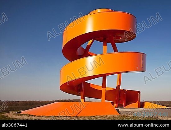 Stairway to nothingness, Haldenzeichen in the Lippepark, Hamm, Ruhr district, North Rhine-Westphalia, Germany, Europe.
