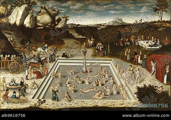 The Fountain of Youth; painting by Lucas Cranach the Elder; 4 October 1472; 16 October 1553; one of the most important German painters; graphic artists and letterpress printers of the Renaissance; Historical; digitally restored reproduction of a historical original.