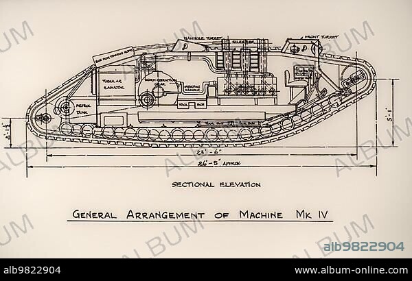 WWI technical engineering drawing; plan of 1917 British Mark IV; MK IV tank of the First World War One showing interior and machine parts.