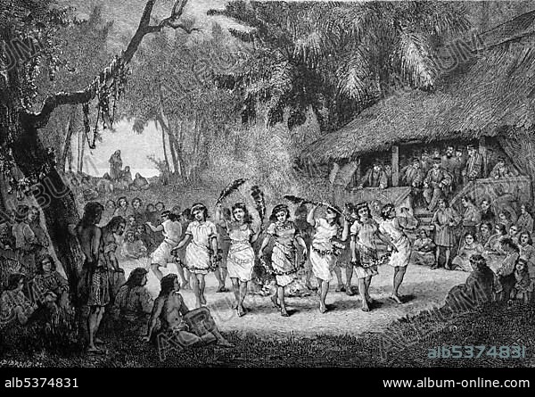 Dance of the Uea girls on the island of Wallis, Samoa, historical illustration, circa 1886, Oceania.