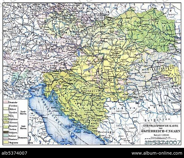 Historical map, ethnological map of Austria-Hungary, Dual Monarchy or kuk monarchy, for the period between 1867 and 1918, ethnic groups such as Germans, Slovaks, Moravians, Czechs, Poles, Serbs, Croats etc, 19th Century, from Meyers Konversations-Lexikon encyclopaedia, 1889.
