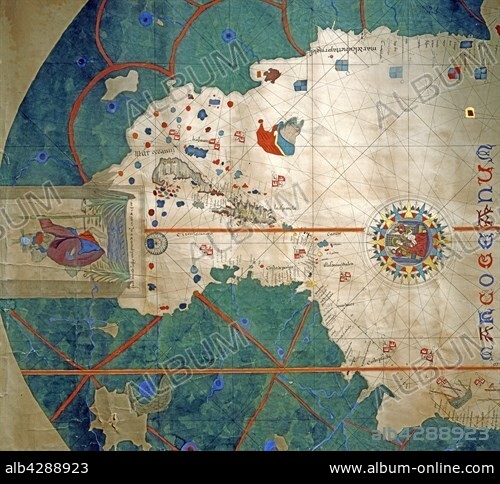 Nautical chart. Detail of the coasts of the new America. Copy of the map of Juan de La Cosa (1450-1510) drawn in 1500. Genoa, Galata Museum of the Sea (Galata Museo del Mare).