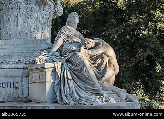 Goethe monument, sculpture group Iphigenia and Orestes, marble, 1904, sculptor Gustav Eberlein, Pinciano, Rome, Lazio, Italy, Europe.