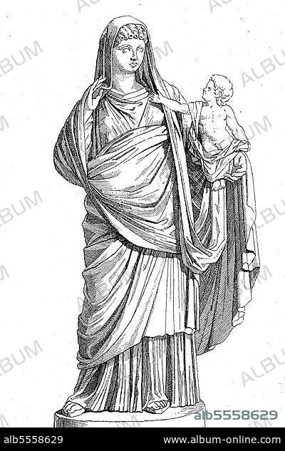 Antikes Rom, Kaiserin Messalina mit dem kleinen Britannicus, Valeria Messalina war die dritte Frau des römischen Kaisers Claudius, Historisch, digitale Reproduktion einer Originalvorlage aus dem 19. Jahrhundert.