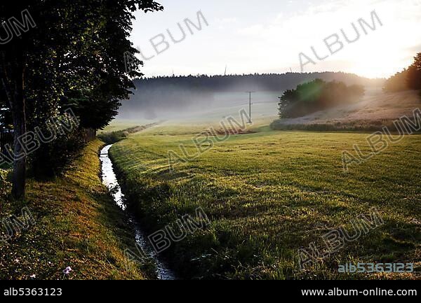 Morning atmosphere at the Tannbach in Mödlareuth, former divided town at the German-German border, Little Berlin, Cold War, Green Belt, Kolonnenweg, border path, inner-German border fortification, Bavaria and Thuringia, Germany, Europe.