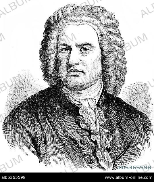 Historical drawing from the 19th Century, portrait of Johann Sebastian Bach, 1685-1750, German composer, organ and piano virtuoso of the Baroque.