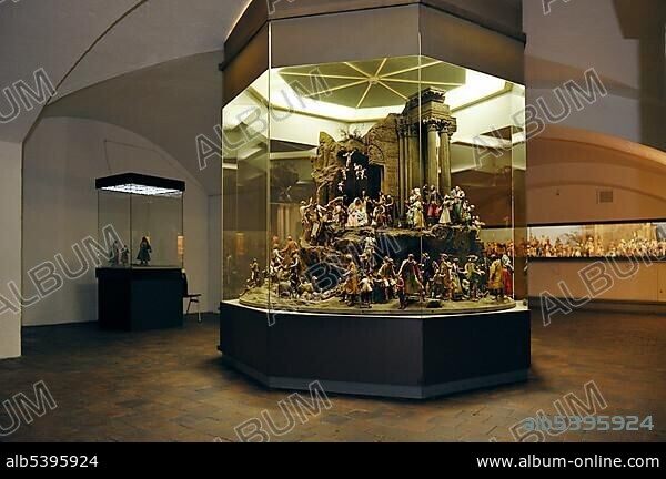 Crib collection, large Nativity Scene from circa 1850, Bavarian National Museum, Munich, Bavaria, Germany, Europe.