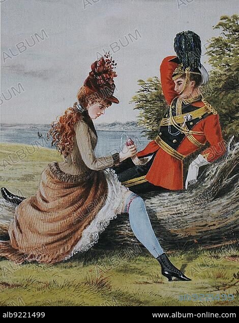Victorian era erotic illustration, circa 1880, in England, woman having sex with a soldier in the open air, Historical, digitally restored reproduction of an original 19th century artwork, exact original date unknown.