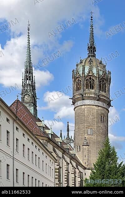 Tower of the All Saint Church or Castle Church, Luther City Wittenberg, Saxony Anhalt, Germany, Europe.