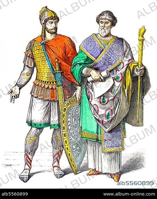 Münchener Bilderbogen, Kostüme, Byzantiner, Krieger (li), Reichskanzler, Byzanz, Männer, Gewand, Rüstung, Schwert, Stab, Robe, zwei Personen, Porträt, farbige historische Illustration 1890.