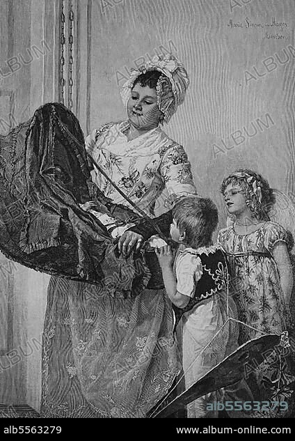 Der Dritte im Bunde, Mutter präsentiert ihren Kindern den Neugeborenen, 1880, Historisch, digitale Reproduktion einer Originalvorlage aus dem 19. Jahrhundert, Originaldatum nicht bekannt.