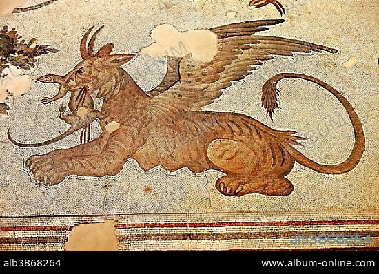 6th century Byzantine Roman mosaic of a mythical griffin, from the peristyle of the Great Palace from the reign of Emperor Justinian I, UNESCO World Heritage Site, Istanbul, Turkey, Asia.