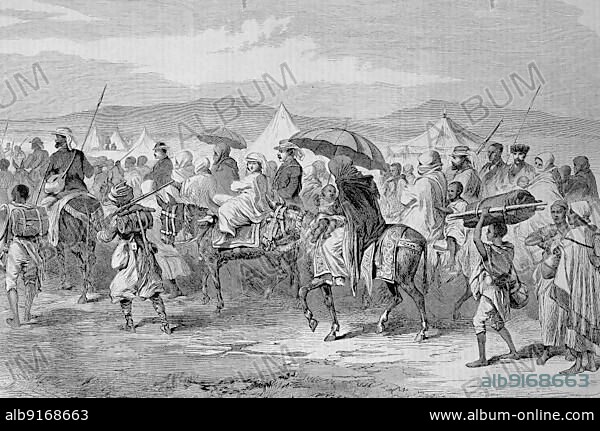 Abyssinian Expedition of 1868, March of European British Troops, Prisoners from Headquarters on the Dalanta Plain, after the Battle of Magdala, Abyssinia, now Ethiopia, Historic, digitally restored reproduction of an original 19th century master, exact original date unknown.