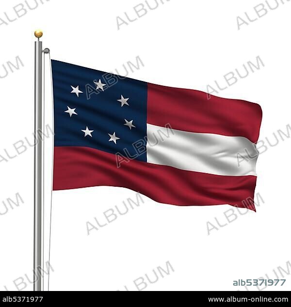 First official flag of the Confederate States of America, called the "Stars and Bars", with seven stars waving in the wind.
