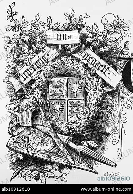 Emblem, symbol, motto of the people of Schleswig and Holstein, up ewig ungedeelt, auf ewig ungeteilt, Schleswig-Holstein, sword, coat of arms, lion, thirteen-pointed sword, helmet, oak leaves, ornamentation, Germany, historical illustration 1880, Europe.