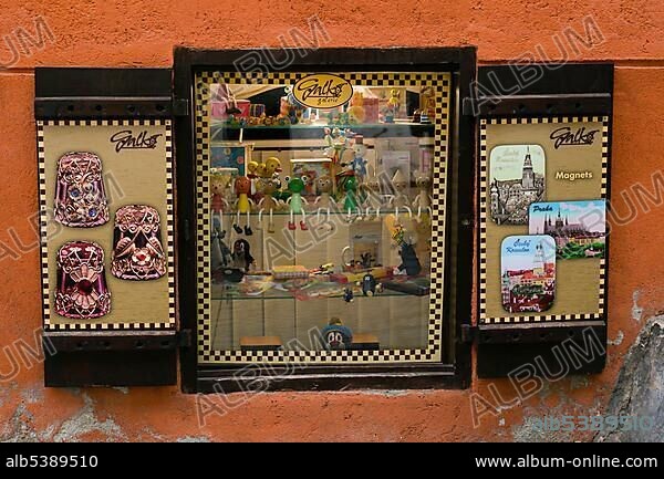 Display window in the historic town centre of Cesky Krumlov, Bohemian Krumlov, UNESCO World Heritage Site, Bohemia, Czech Republic, Europe.