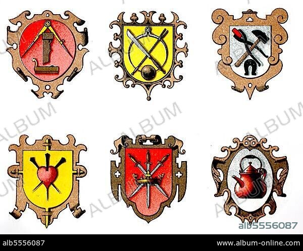 1890, Zunftwappen: Tischler, Drechsler, Grobschmied, Nagelschmied, Messerschmied, Kupferschmied, digital restaurierte Reproduktion einer Originalvorlage aus dem 19. Jahrhundert.