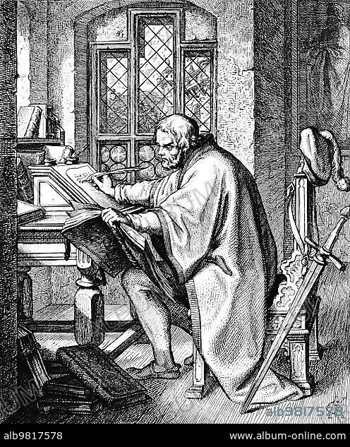 Martin Luther begins the translation of the Bible at Wartburg Castle; chamber; hiding place; knight George; disguise; Hebrew Bible; Greek Bible; sword; chair; table; window; books; cloak; 16th century; historical illustration c. 1860.