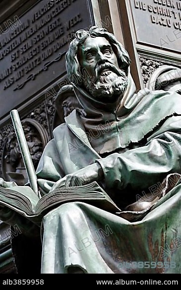 Statue of Petrus Waldus, Luther Monument by Ernst Rietschel, Worms, Rhineland-Palatinate, Germany, Europe.