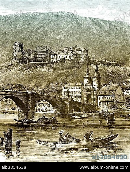 Historic drawing, Neckar river with the Karl-Theodor Bridge or Old Bridge and Castle, 19th Century, Heidelberg Zoo, Heidelberg, Germany, Europe.