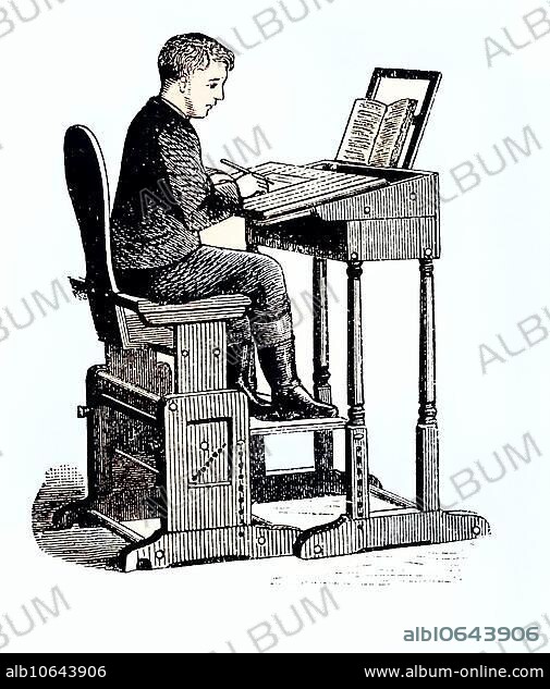 Adjustable school desk, school bench with seating aid, ca. 1885, Historic, digitally restored reproduction from a 19th century original, Adjustable school desk, school bench with seating aid, Historic, digitally restored reproduction from a 19th century original.