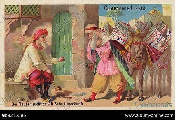 Picture series Alibaba, 1883, Paris, the robber seeks shelter with Ali Baba, Liebig picture, historical, digitally restored reproduction of a collectors picture from c. 1900.