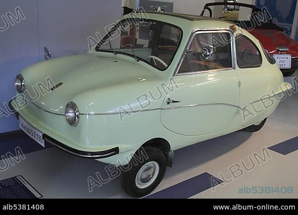Fuldamobil S7, built in 1961 by Elektromaschinenbau GmbH Fulda, timber chassis with aluminum plate, ErfinderZeiten: Auto- und Uhrenmuseum, Time of Innovators: Museum of Cars and Clocks, Schramberg, Black Forest, Baden Wuerttemberg, Germany, Europe.