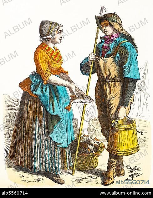 Münchener Bilderbogen, Kostüme, Scheveningen, Holland, Fischer, Fischfrau, Hafen, Korb, zwei Personen, junger Mann, Tracht, Porträt, 19. Jahrhundert, historische Illustration 1890.