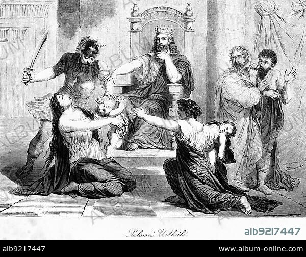 Solomon's judgement, King Solomon, throne, judgement, justice, saying, sword, horror, child, baby, group, kill, mother, Bible, Old Testament, First Book of Kings, historical illustration around 1850, Near East.