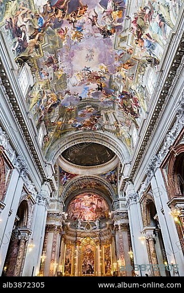 Choir, apparent dome and Baroque trompe l'œil ceiling fresco, The Triumph of St. Ignatius Loyola, Entrance into Paradise, Apotheosis of St. Ignatius, the Glorification of St. Ignatius, by Andrea Pozzo, Church of Sant'Ignazio di Loyola, Rome, Italy, Europe.