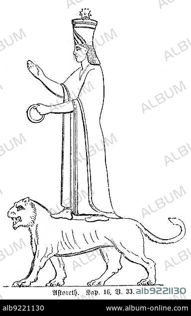 Astoreth, grove, Ahab, Asherah, statue God, Israel, wrath, kings, lion, standing, barefoot, Bible, Old Testament, First Book of Kings, chapter 16, verse 33, historical illustration c. 1850, Near East, Asia.