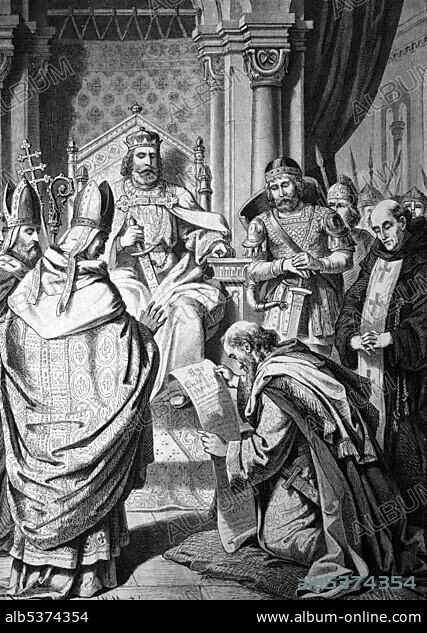 Emperor Louis the Pious, 778-840, has to repent kneeling in the church of Saint-MÃ©dard in Soissons, 822, historical illustration, about 1886.