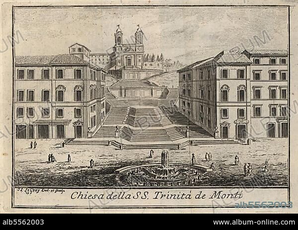 Chiesa della SS. Trinita de Monti, Santissima Trinità dei Monti, auch Santa Trinità dei Monti oder Santissima Trinità al Monte Pincio, Allerheiligste Dreifaltigkeit am Berge Pincio, befindet sich oberhalb der Spanischen Treppe, 1767, Rom, Italien, digitale Reproduktion einer Originalvorlage aus dem 18. Jahrhundert, Originaldatum nicht bekannt.