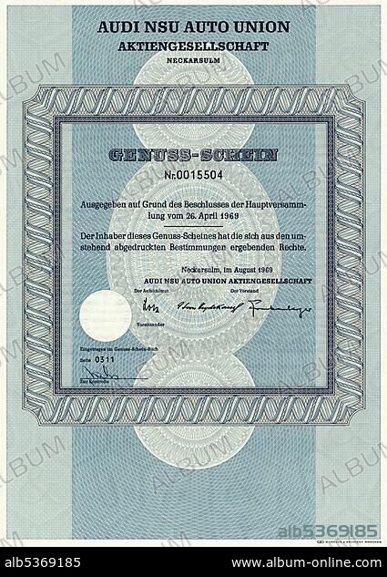 Historic share certificate, participation certificate of Audi NSU Auto Union Aktiengesellschaft, 1969, Neckarsulm, Germany, Europe.