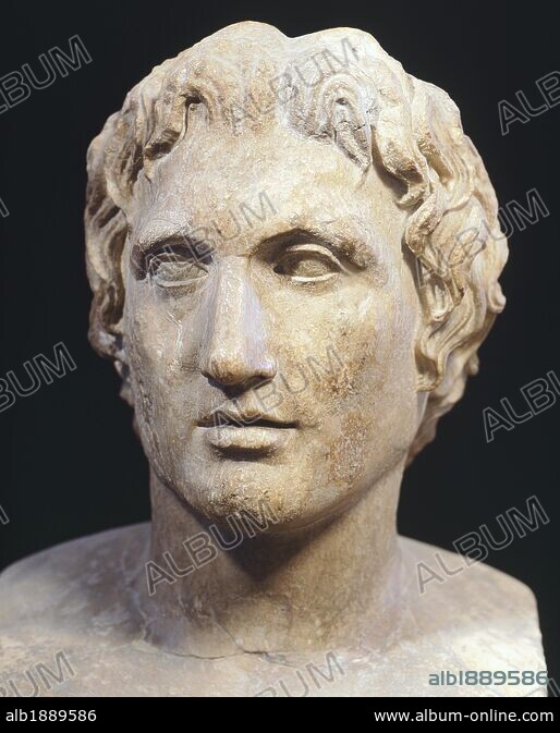 Head of Alexander the Great, marble sculpture, ancient replica from a portrait by Lysippus, Greece. Greek civilization. - Album alb1889586 Head of Alexander the Great, marble sculpture, ancient replica from a portrait by Lysippus, Greece. Greek civilization. - Album alb1889586