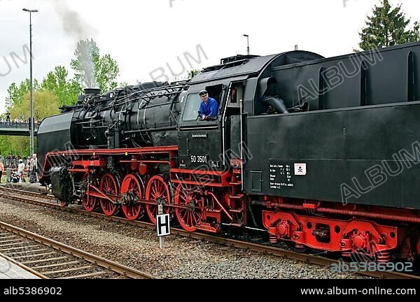 German Class 50 steam locomotive no. 50 3501 at Neuenmarkt with a train to the "Schiefe Ebene" incline, Franconia, Bavaria, Germany, Europe.