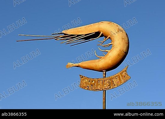 Monument to North Sea brown shrimp, Krabbe Greetje at Greetsiel Harbour, Lower Saxony, Germany, Europe.