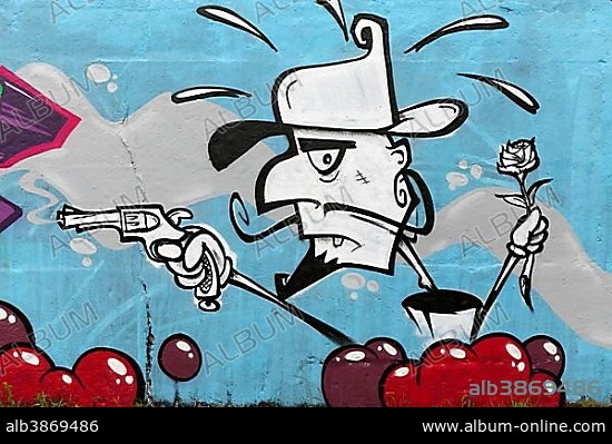 Comic character with gun and rose, graffiti, street art, Duisburg, Ruhr district, North Rhine-Westphalia, Germany, Europe.