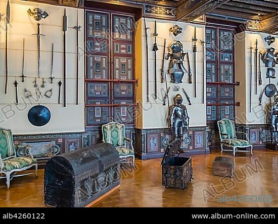 Interior with armor, Château de Cheverny, Loir-et-Cher Département, France, Europe.