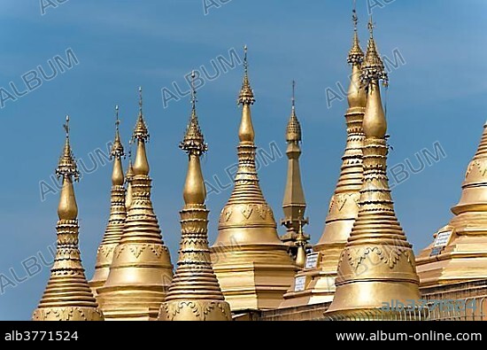 Golden Stupas, Shwemawdaw Pagoda, also Golden God Temple in Bago, Myanmar, Burma, Asia.