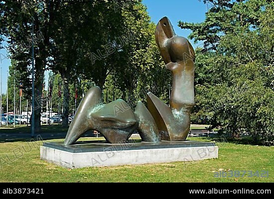 Two Piece Reclining Figure: Cut, by Henry Moore, in front of the Music and Congress Palace, Strasbourg, Alsace, France, Europe.
