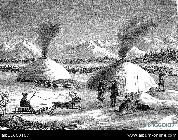 Village of the Koryaks, a people on the Kamchatka peninsula in the far east of Russia, 1870, Historical, digital reproduction of an original from the 19th century.