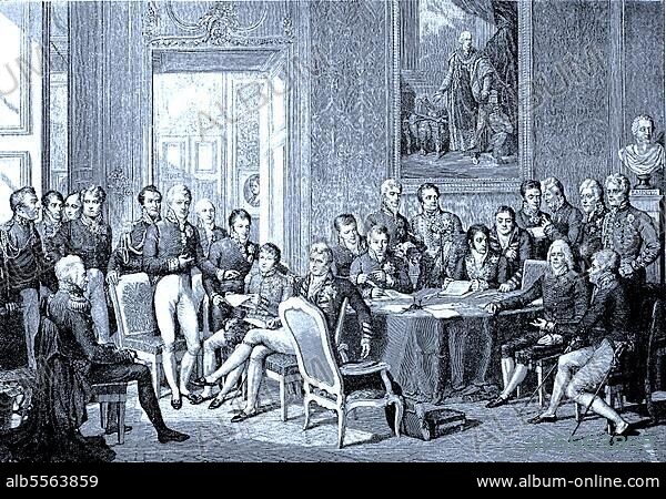 Der Wiener Kongress, der vom 18. September (1814) bis zum 9. Juni 1815 stattfand, wurde von den Bevollmächtigten der acht am Pariser Frieden beteiligten Mächte besucht, digitale verbesserte Datei eines Originaldrucks aus dem 19. Jahrhundert.