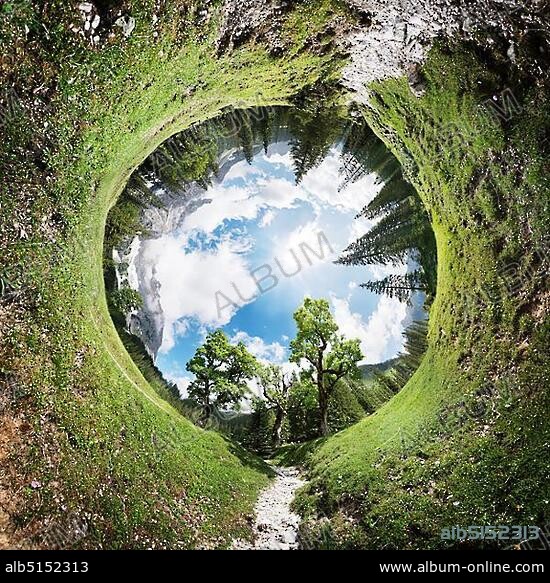 360° tunnel panorama of the Kleiner Ahornboden wooded area in the Karwendel, Tyrol, Austria, Europe.