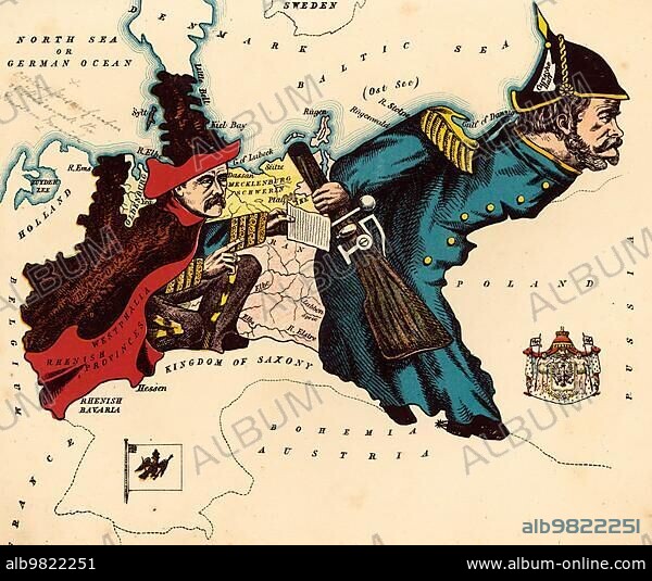 Personified map; c. 1880; Prussia; depicted with a Prussian soldier; Historic; digitally restored reproduction from a 19th century original.