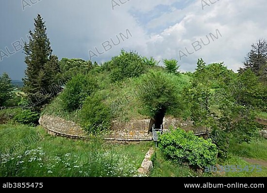 An antique round tumulus grave, Tomba della Capanna, 7th century BC, Etruscan Necropolis of La Banditaccia, Necropoli della Banditaccia, Cerveteri, province of Rome, Lazio region, Italy, Europe.