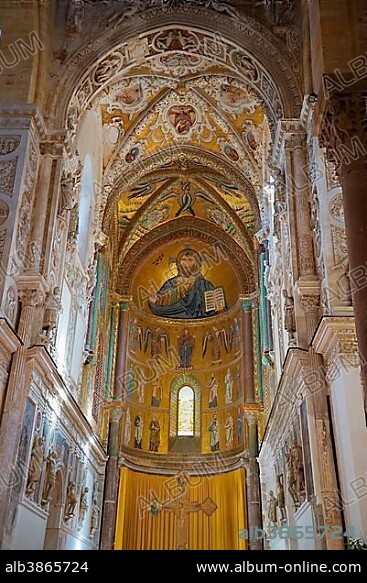 Christ Pantocrator, mosaic, Santissimo Salvatore Cathedral, Cefalu, Sicily, Italy, Europe.